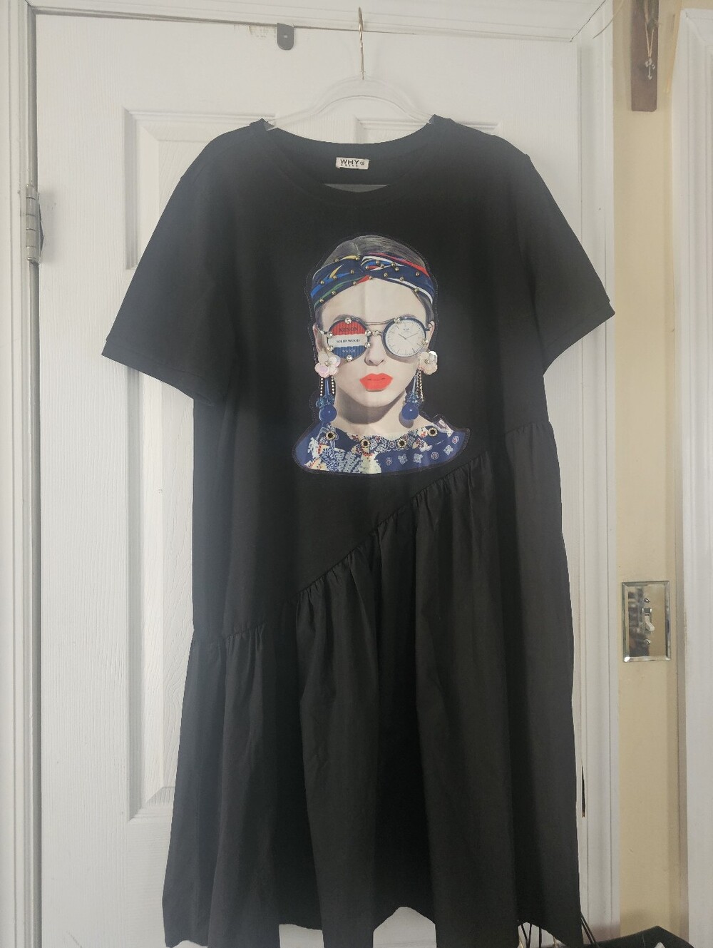 Why Dress Black Graphic Short Sleeve Dress with Embellished Portrait